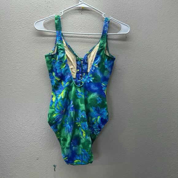 Vintage 1970s 1980s Mainstream Floral Blue One Piece Swim Suit Cheeky Bathing 8 - Picture 4 of 8